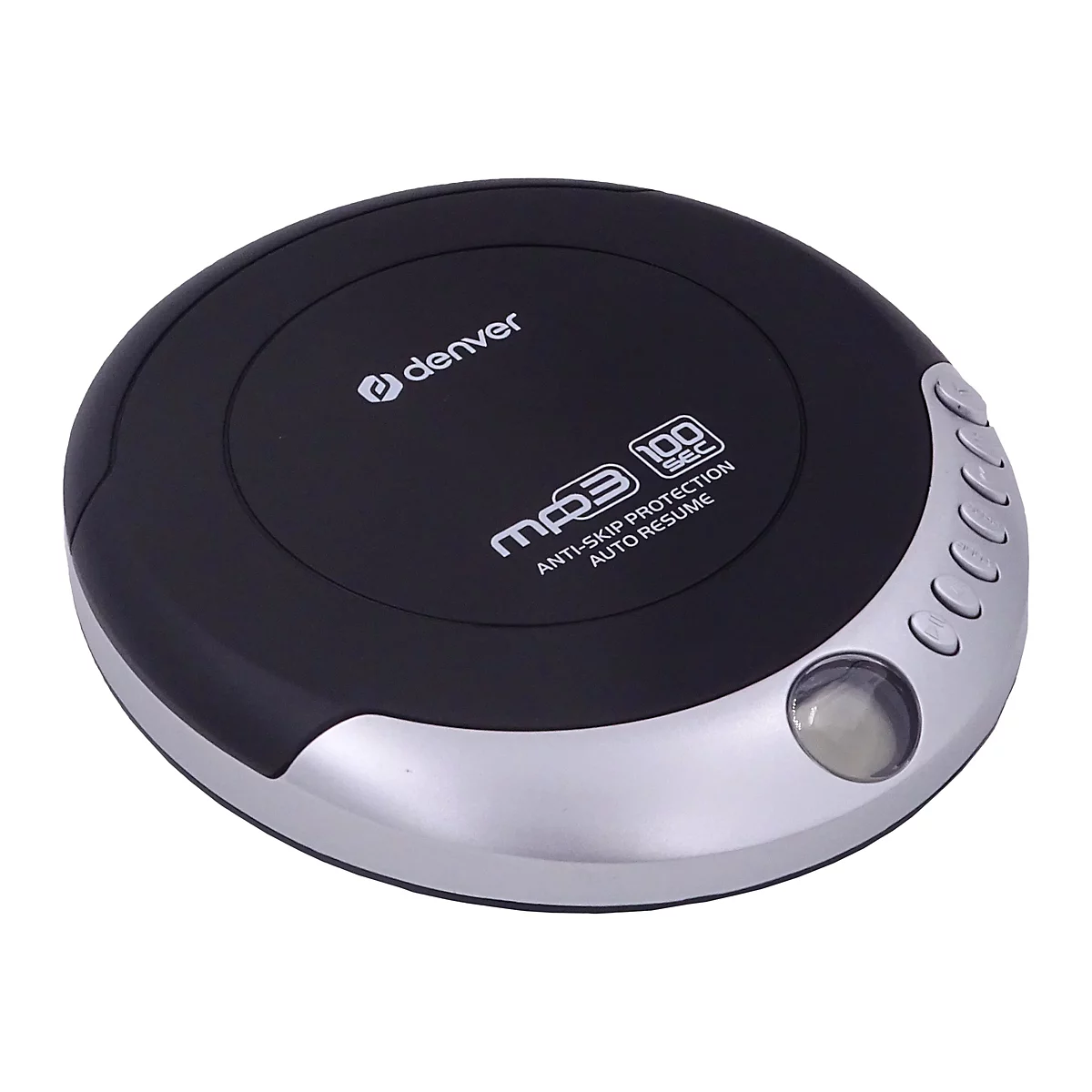 Runder, schwarzer Denver MP3-CD-Player mit silbernem Rand und Bedienungstasten vor neutralem Hintergrund.