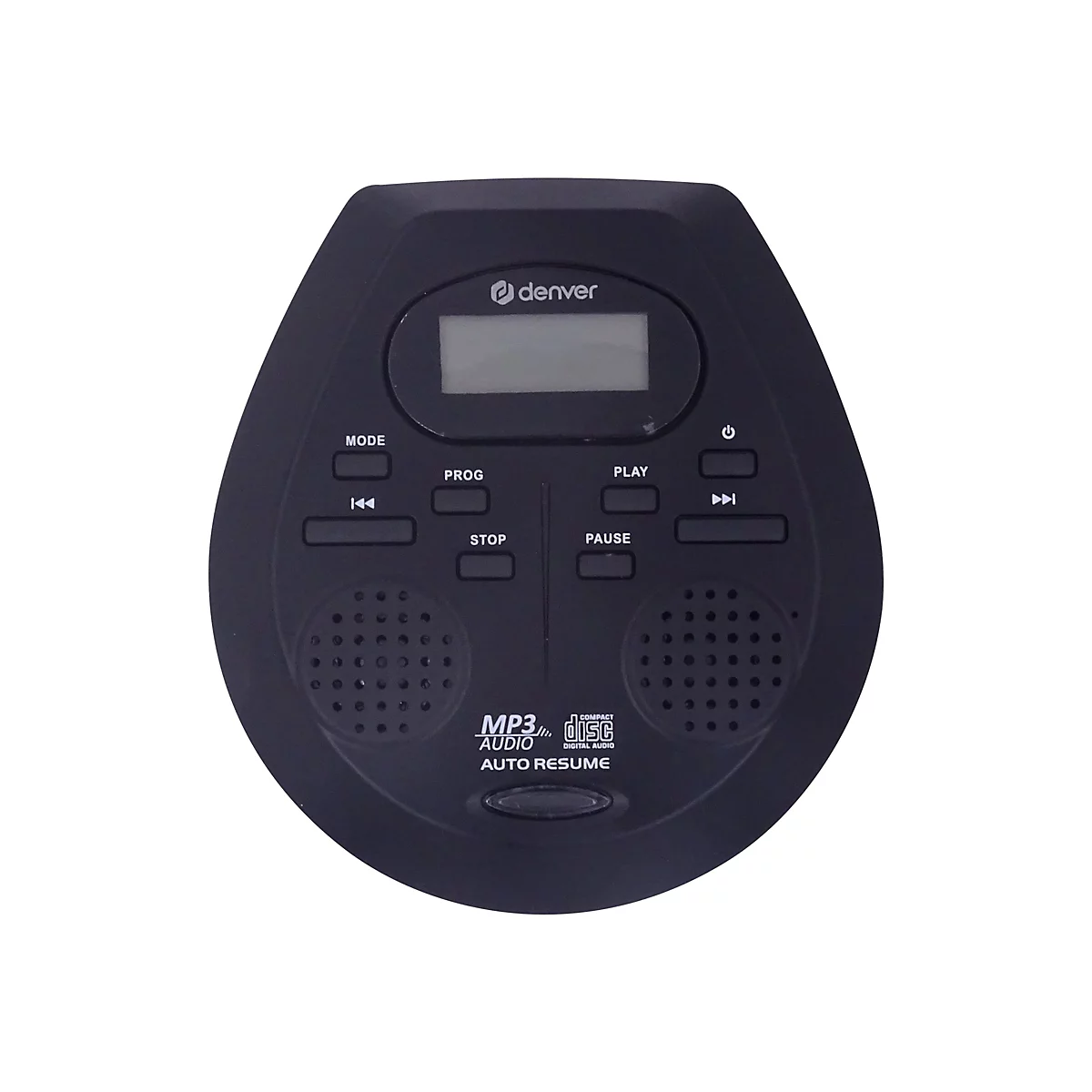 Schwarzer tragbarer CD-Player von Denver mit Display, Tasten für Wiedergabe, Stopp und Modus, sowie zwei Lautsprechern.