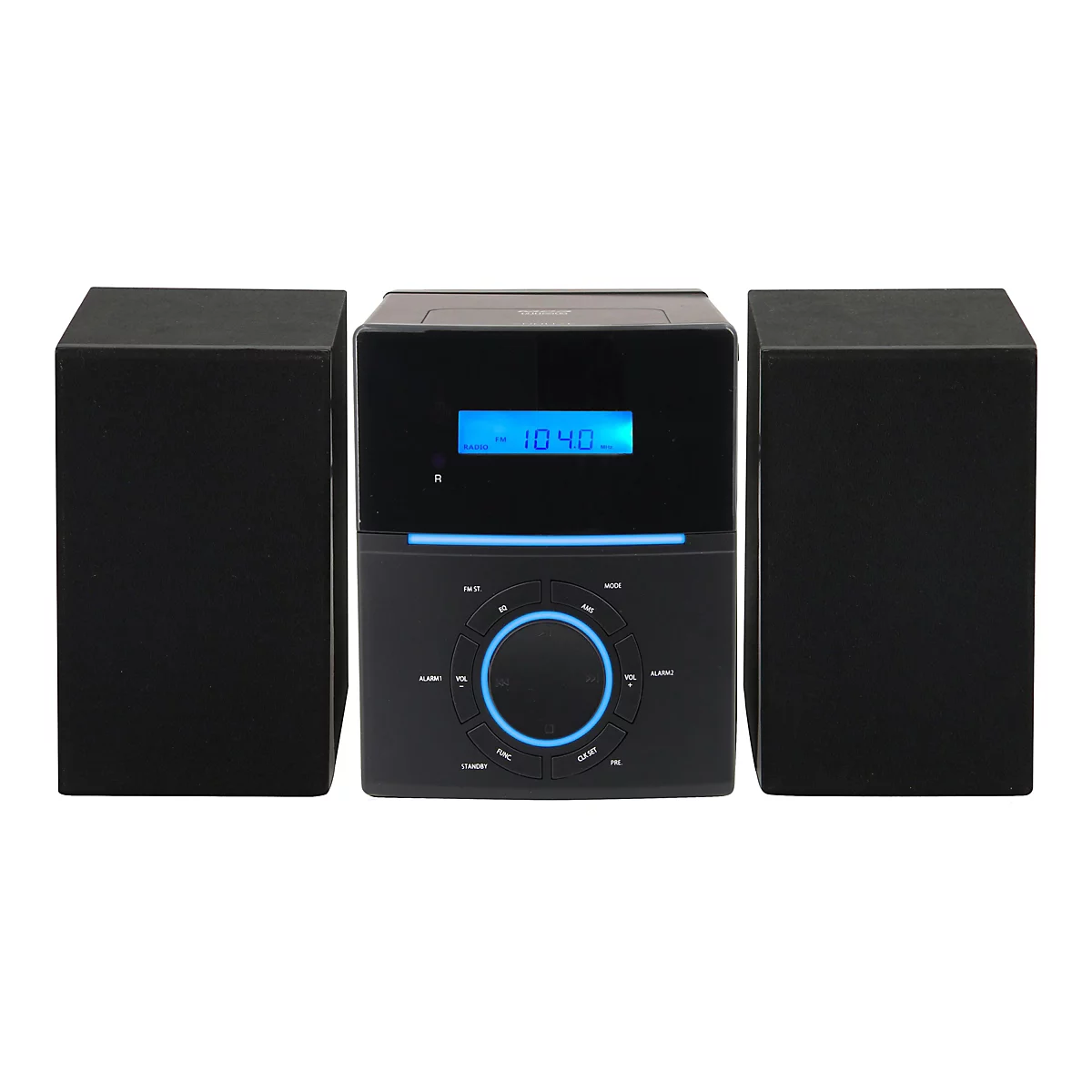 Schwarzes Radiosystem mit zwei Lautsprechern und blau beleuchtetem LCD-Display vor weißem Hintergrund.