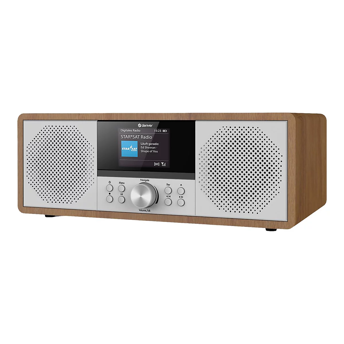 Digitalradio von Denver mit Holzgehäuse, zwei Lautsprechern und einem zentralen Display.