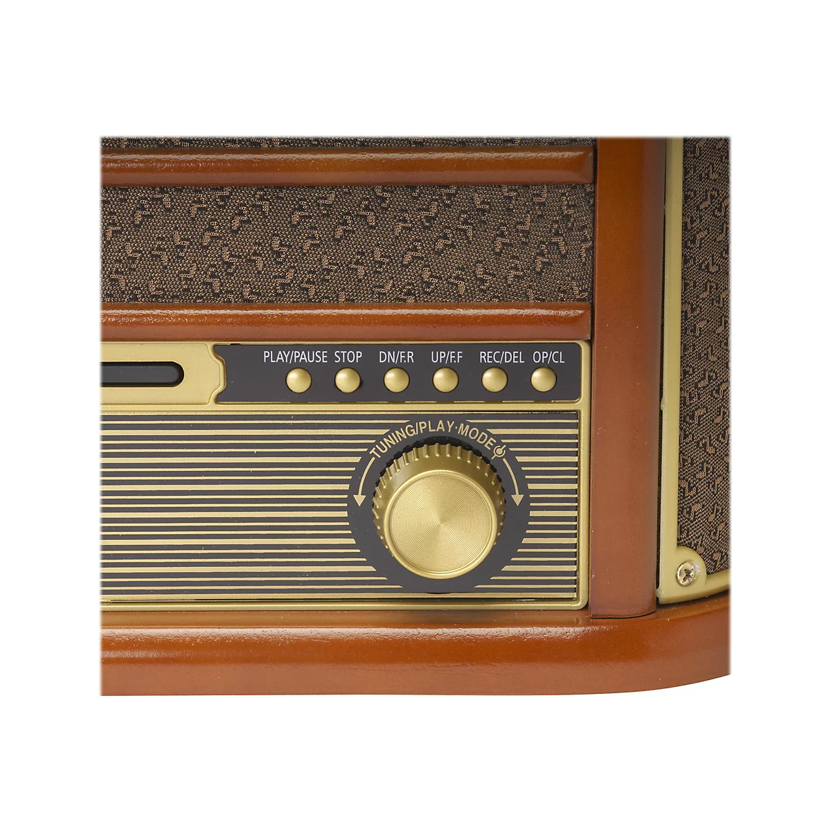 Nahaufnahme der Bedienfront eines Retro-Radios mit Drehregler und Tasten.