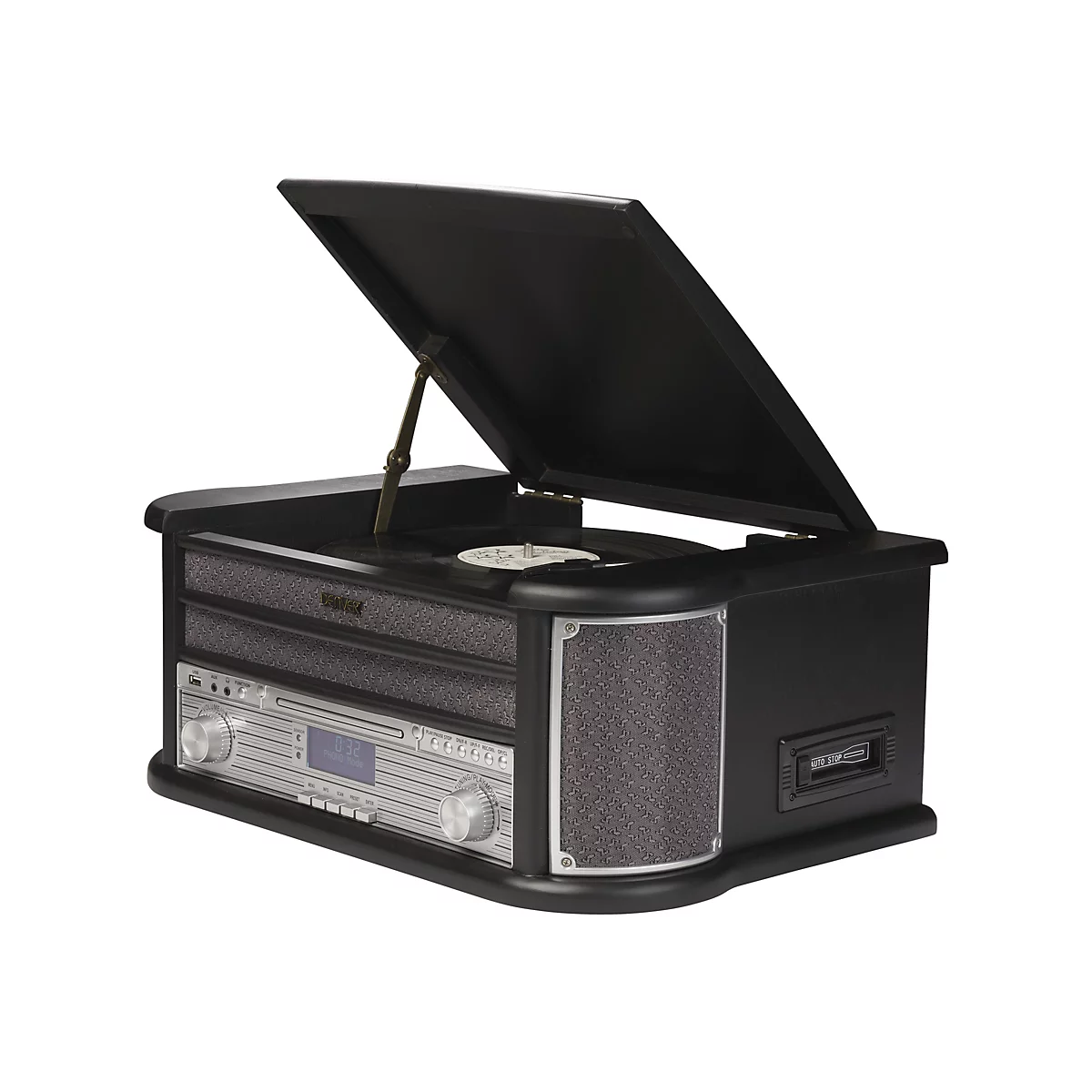 Schwarzes Denver Retro-Musiksystem mit geöffnetem Plattenspieler-Deckel und silberner Frontblende vor weißem Hintergrund.
