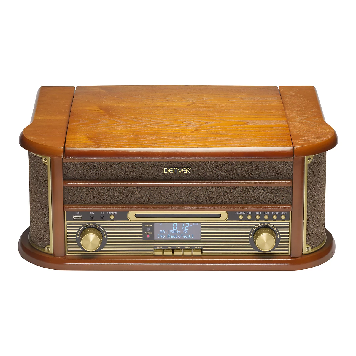 Retro Radio von Denver mit Holzgehäuse, digitalem Display und Drehreglern vor weißem Hintergrund.