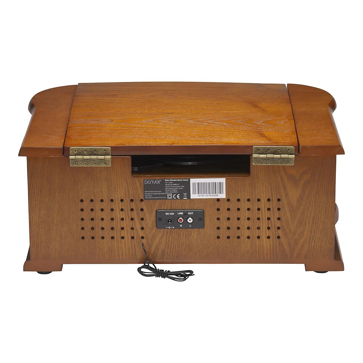Rückseite eines braunen Holz-Musikcenters mit Anschlüssen, Typenschild und Klappdeckel auf weißem Grund.