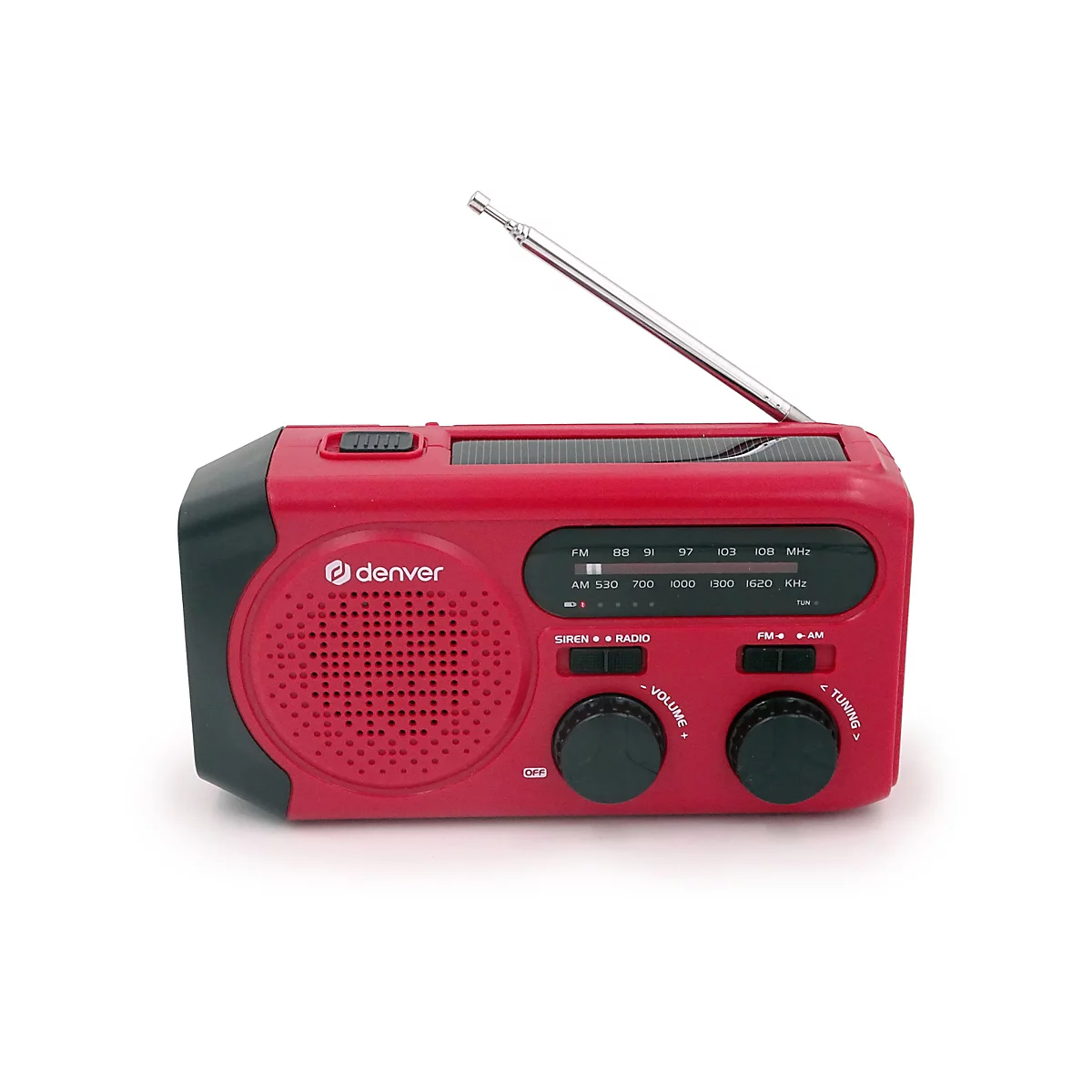 Rotes, kompaktes Notfallradio von Denver mit Teleskopantenne, Solarpanel und Drehreglern vor weißem Hintergrund.