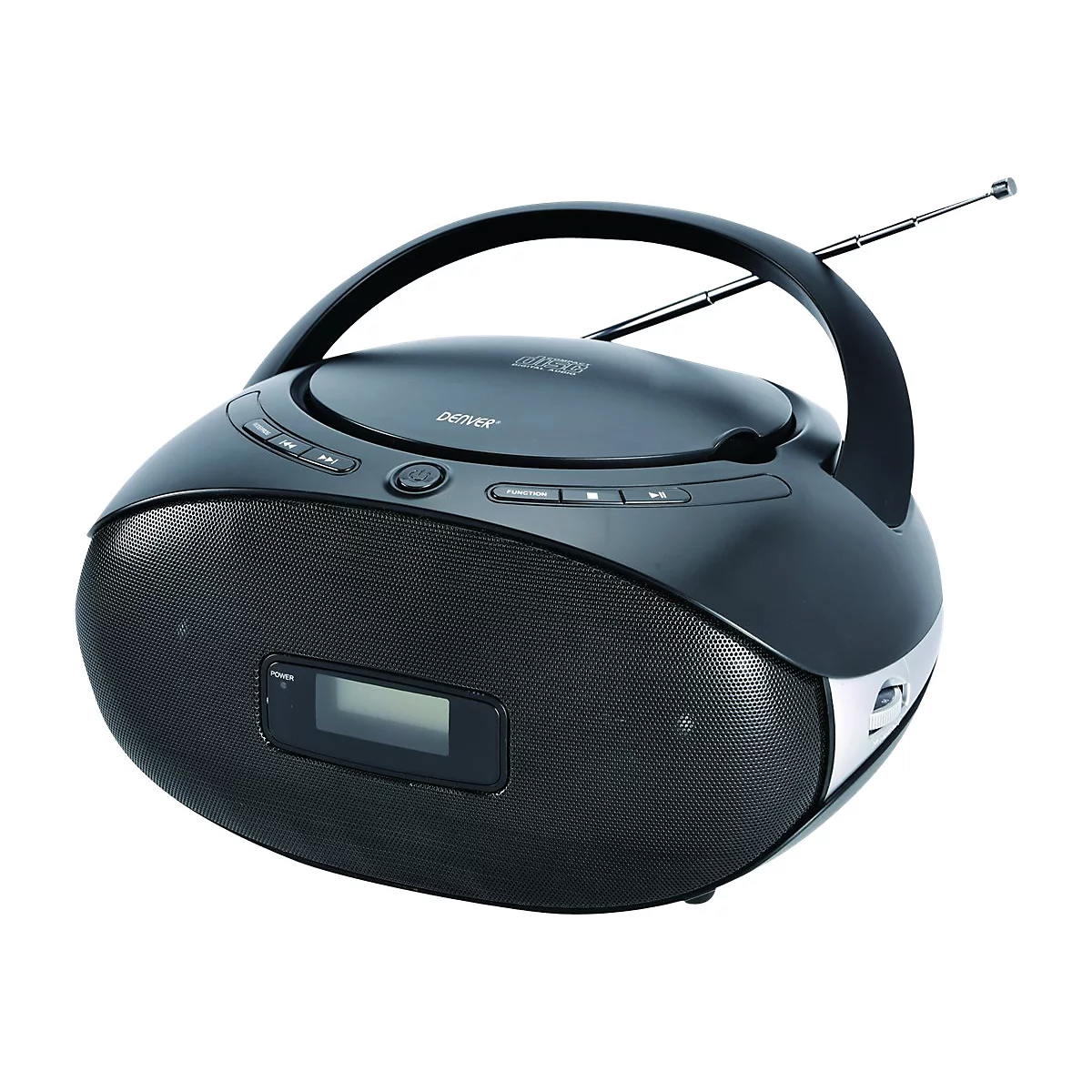 Schwarzer tragbarer CD-Player von Denver mit Tragegriff, Antenne, Lautsprechern und digitalem Display.
