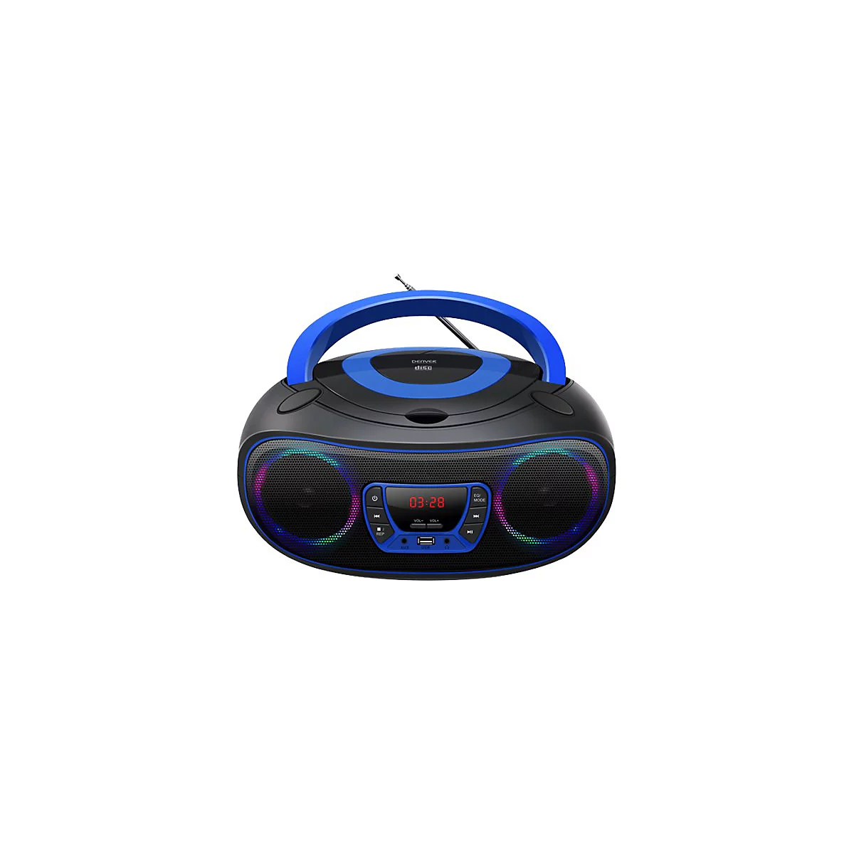 Schwarzer Denver CD-Player mit blauem Tragegriff und LED-beleuchteten Lautsprechern vor weißem Hintergrund.