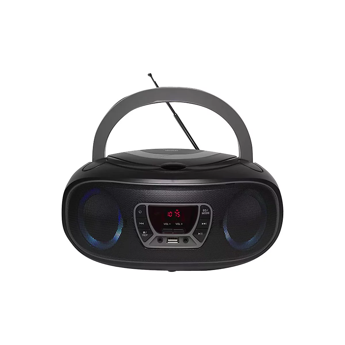 Schwarzes tragbares Radio mit digitalem Display und blau beleuchteten Lautsprechern vor weißem Hintergrund.
