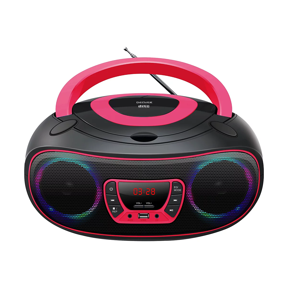 Schwarzer CD-Radio-Player mit rosa Akzenten und LED-Beleuchtung an den Lautsprechern.