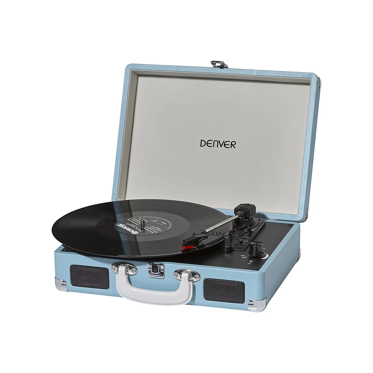 Hellblauer Koffer-Plattenspieler von Denver mit einer schwarzen Vinylplatte auf dem Teller.