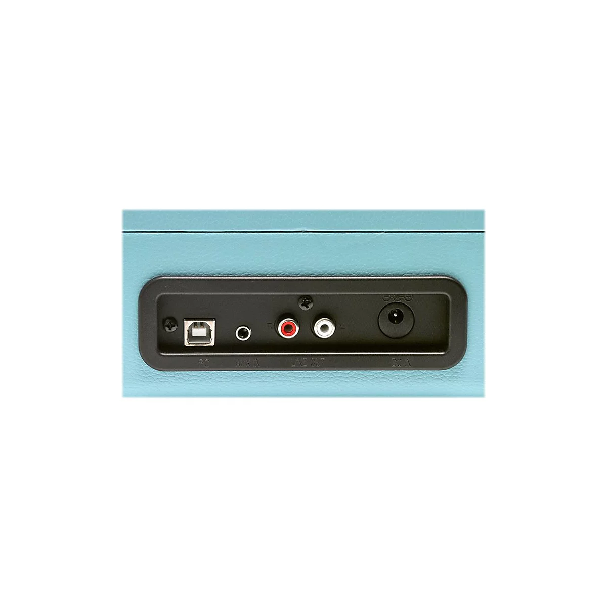Rückseitige Anschlüsse eines hellblauen Plattenspielers mit USB-, AUX-, Line-Out- und Stromanschluss.