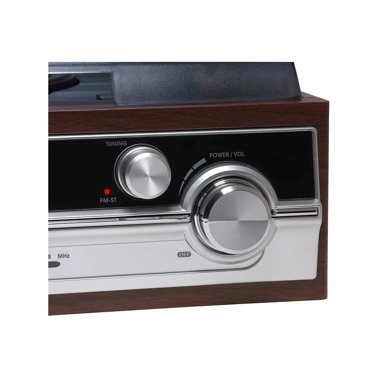 Nahaufnahme der Drehregler für Tuning und Lautstärke an einem Radio mit Holzgehäuse.