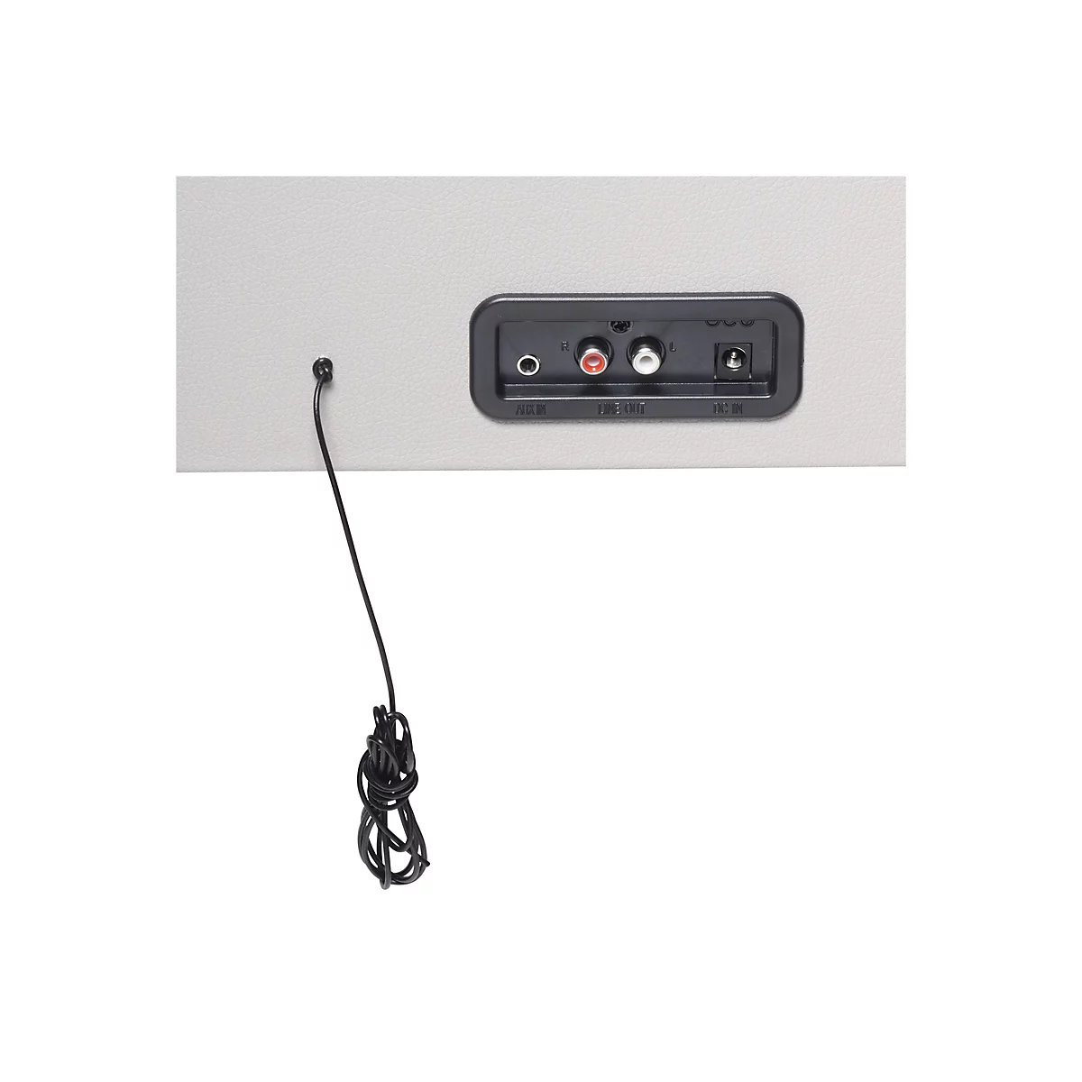Rückseite eines hellgrauen Geräts mit Anschlüssen für Aux In, Line Out und DC In sowie einem Kabel.