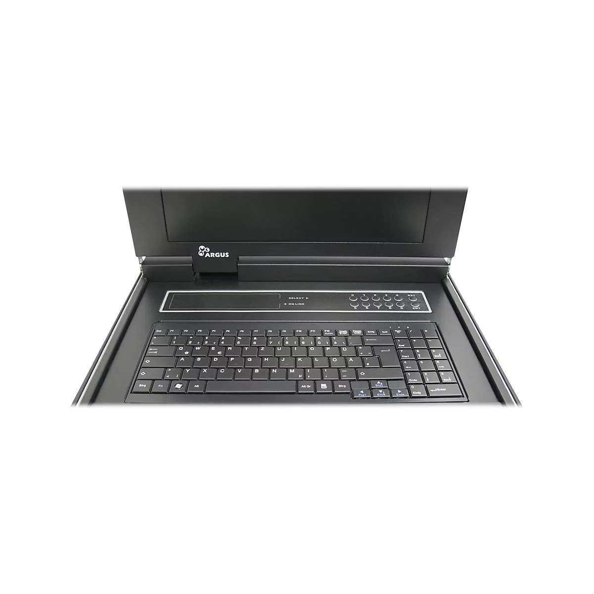 Industrielle Tastatur mit integriertem Bildschirm und Argus-Logo, deutsche QWERTZ-Belegung.