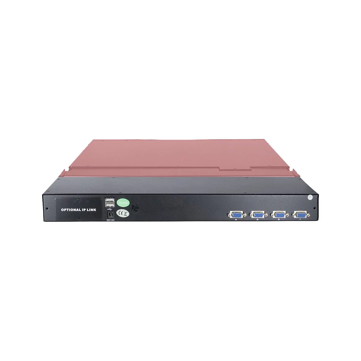 Rückseite eines KVM-Switches mit vier VGA-Anschlüssen, USB-Port und einem Steckplatz für optionalen IP-Link.