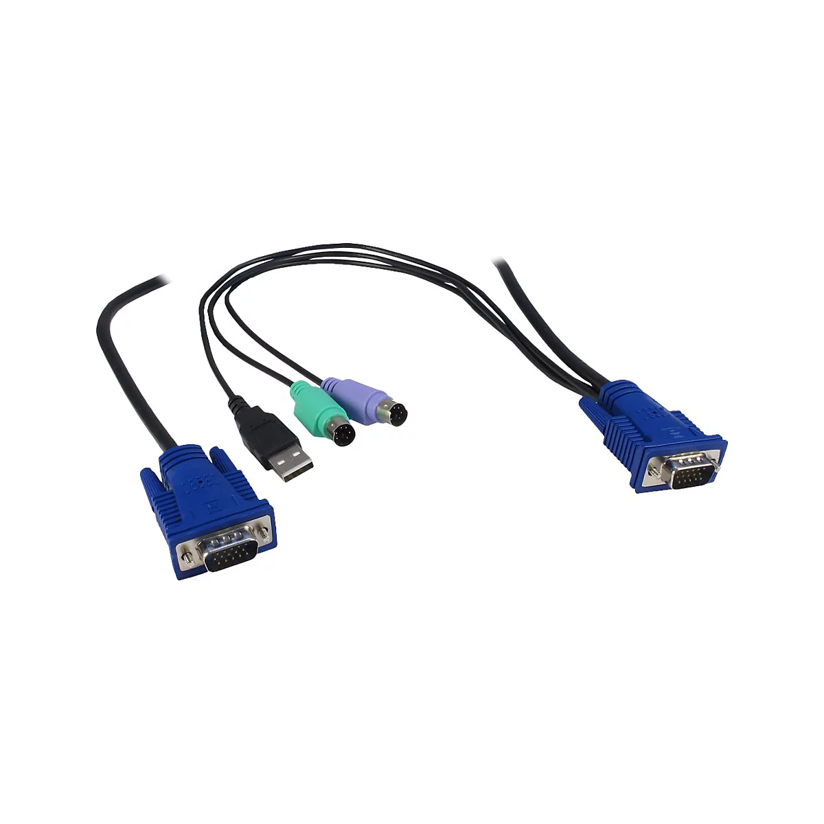 KVM-Kabel mit zwei blauen VGA-Steckern, einem USB-A-Anschluss sowie zwei PS/2-Steckern in Grün und Lila.