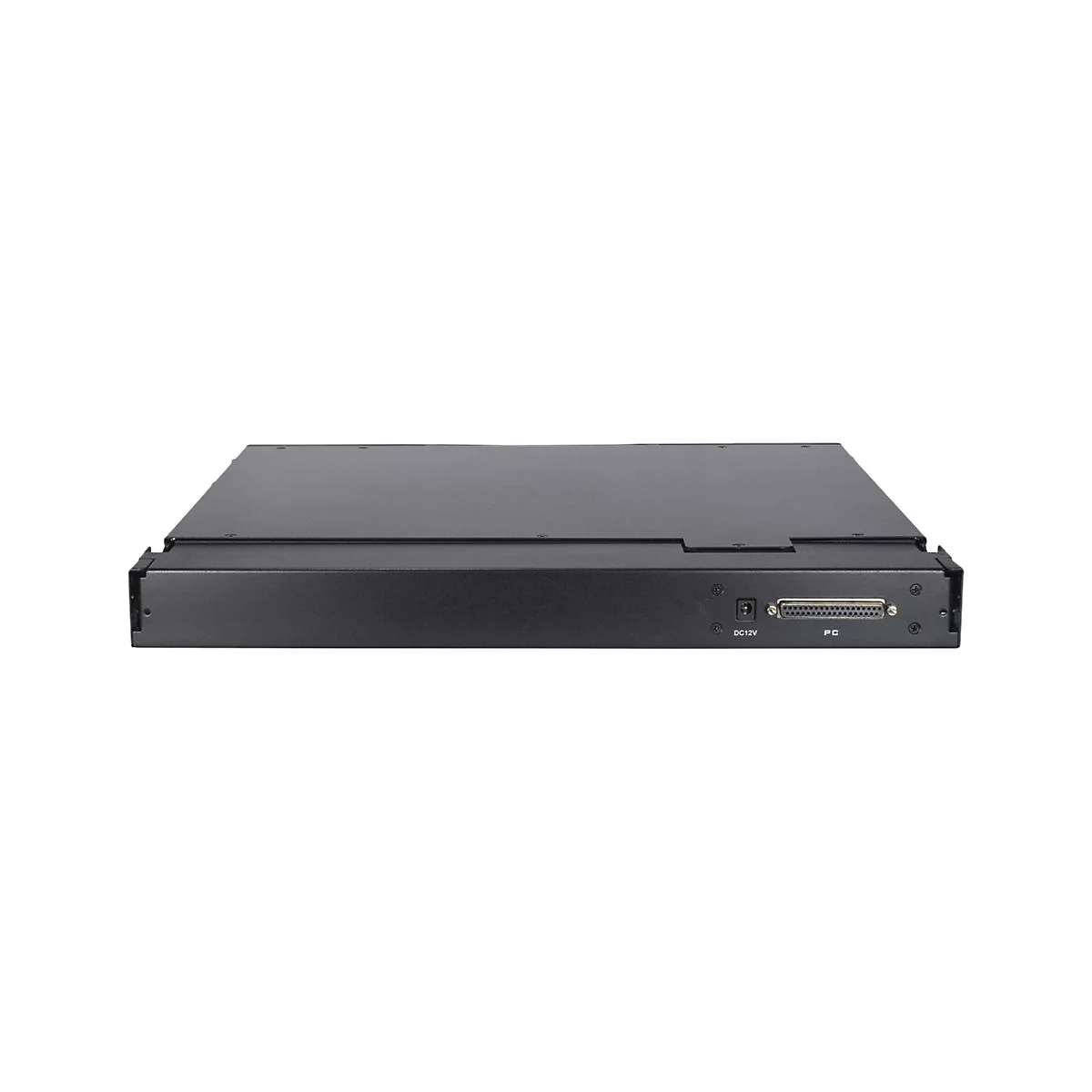 Rückseite eines flachen, schwarzen elektronischen Geräts mit einem DC12V-Anschluss und einem PC-Port auf weißem Grund.