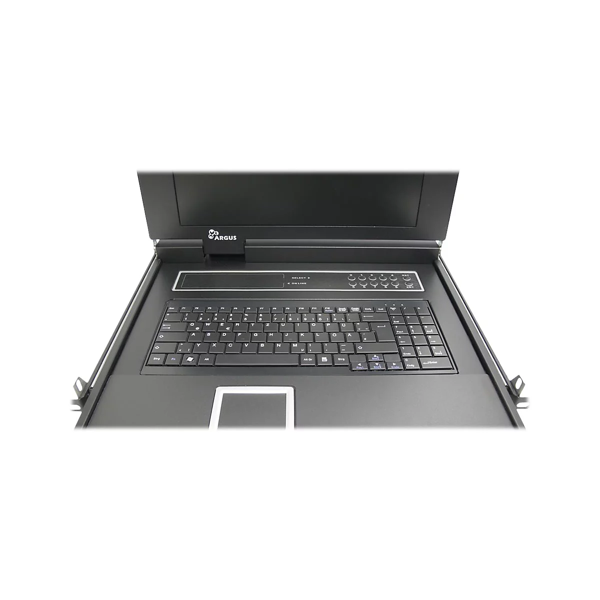 Ausgeklappte 19-Zoll-Rack-Konsole mit schwarzer Tastatur, Touchpad und ARGUS-Logo vor schwarzem Hintergrund.