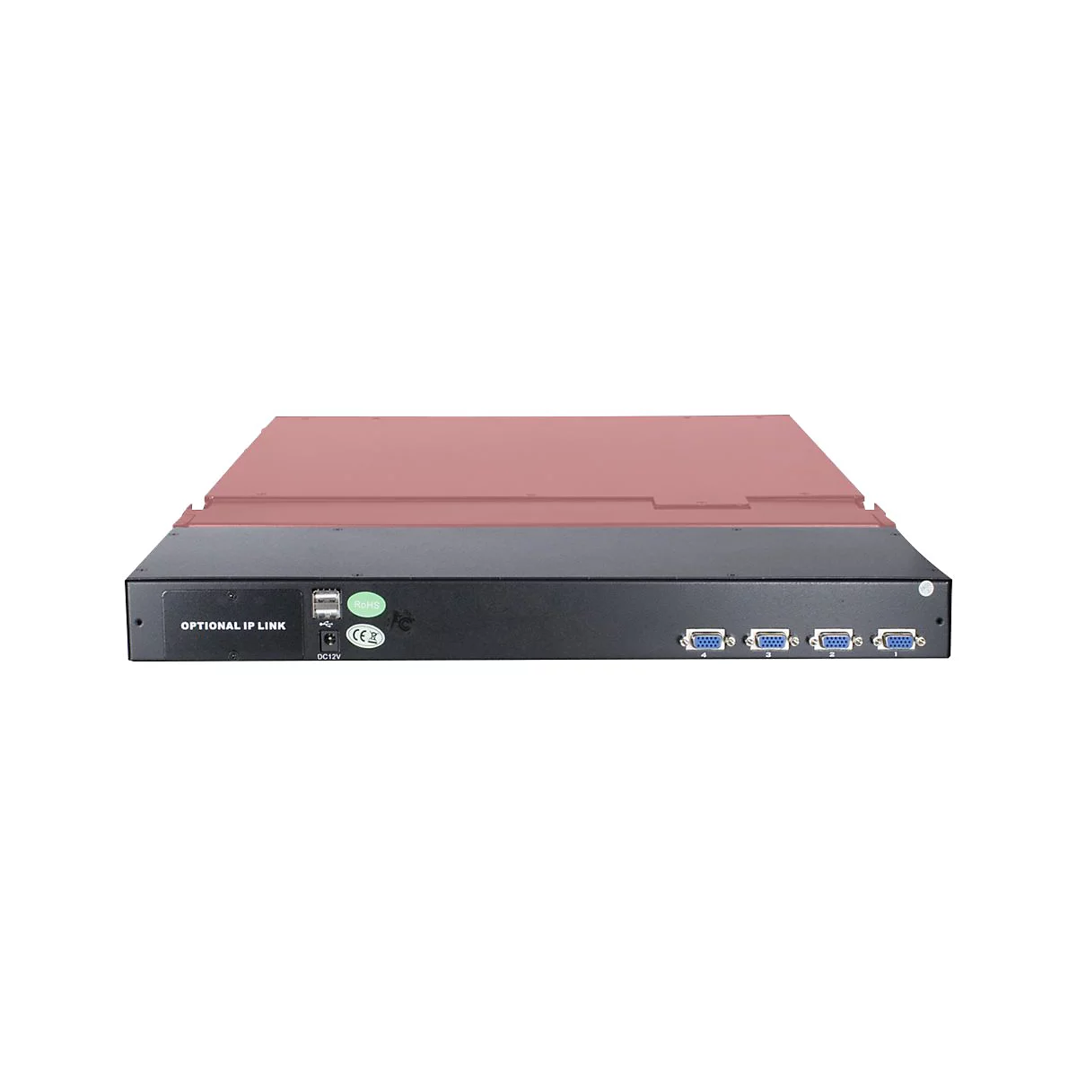 Rückseite eines schwarzen Rack-Switches mit vier VGA-Anschlüssen, USB-Port, Stromanschluss und IP-Link-Slot.