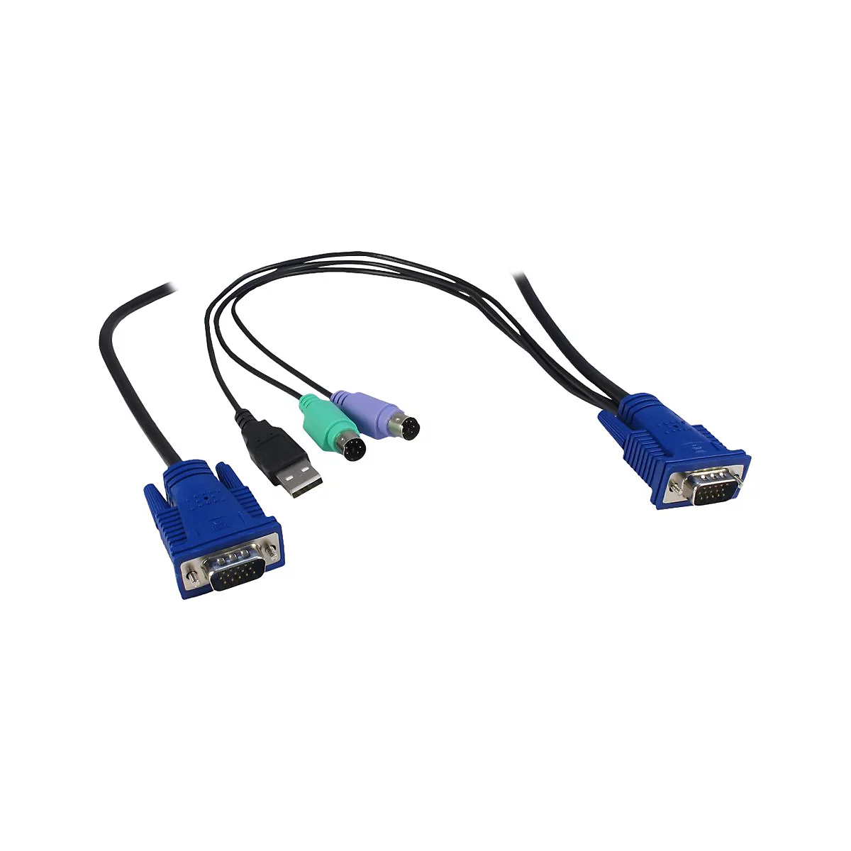 KVM-Kabel mit blauen VGA-Anschlüssen, USB-Stecker sowie grünen und lilanen PS/2-Mini-DIN-Steckern.