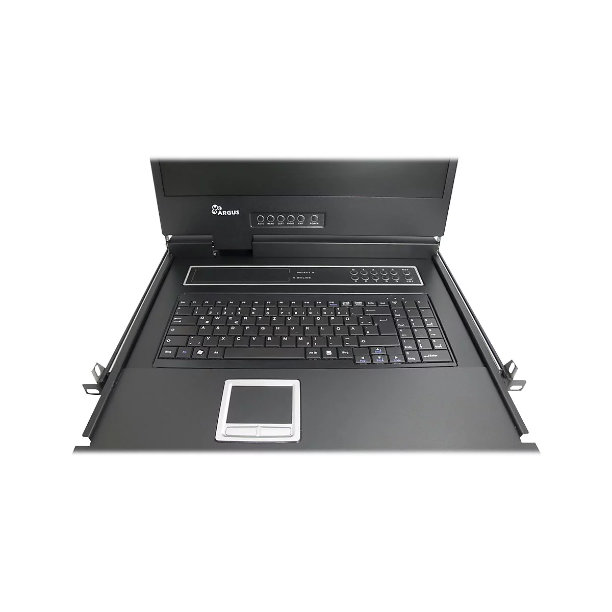 Ausziehbare 19-Zoll Rack-Konsole mit Tastatur, Touchpad und hochgeklapptem Monitor mit Argus-Logo.