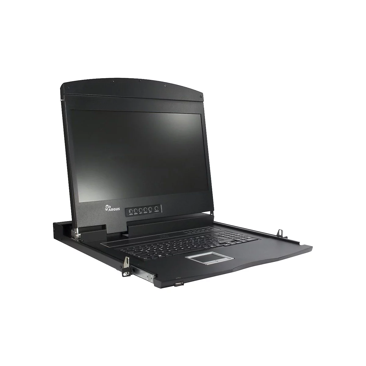 Schwarze Rack-Konsole mit ausgeklapptem Bildschirm und integrierter Tastatur vor weißem Hintergrund.