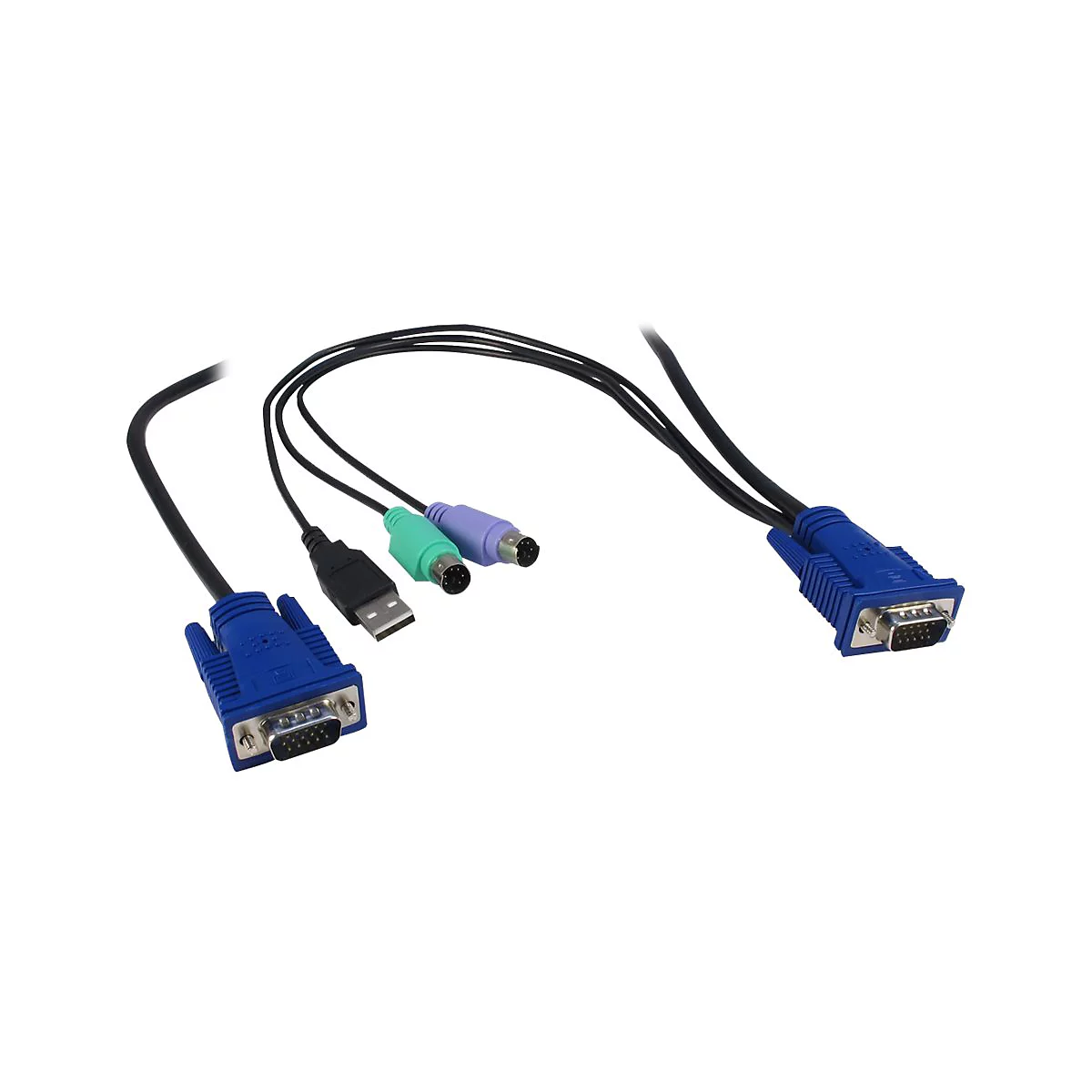 KVM-Kabel mit zwei blauen VGA-Anschlüssen, einem USB-Stecker sowie grünen und lila PS/2-Anschlüssen.