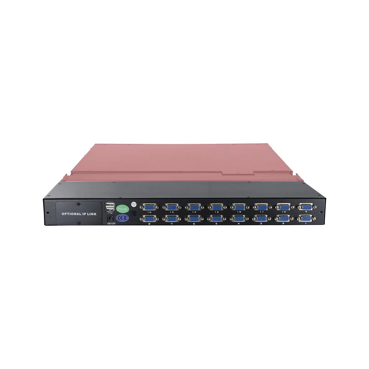 KVM-Switch mit 16 VGA-Ports, schwarzer Frontblende, USB-Anschlüssen und Gehäuse auf weißem Hintergrund.