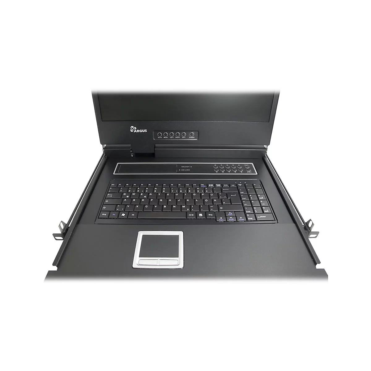 Ausziehbare 19-Zoll Rack-Konsole mit Tastatur, Touchpad und Monitor der Marke Argus.