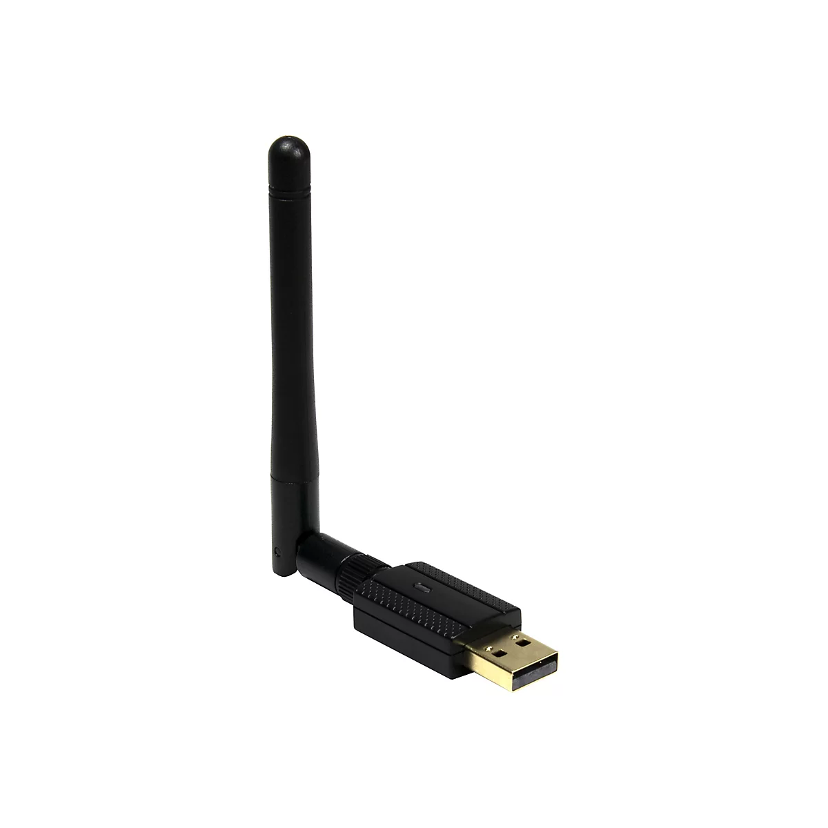 Schwarzer WLAN-USB-Stick mit aufrechter, beweglicher Antenne vor weißem Hintergrund.