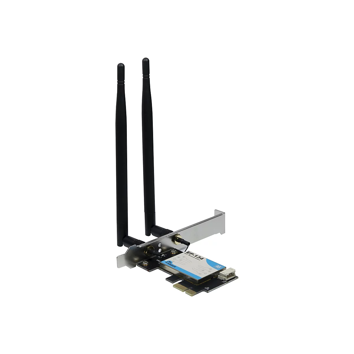 PCIe-WLAN-Karte mit zwei schwarzen Antennen und blauer Beschriftung EP-134 vor weißem Hintergrund.