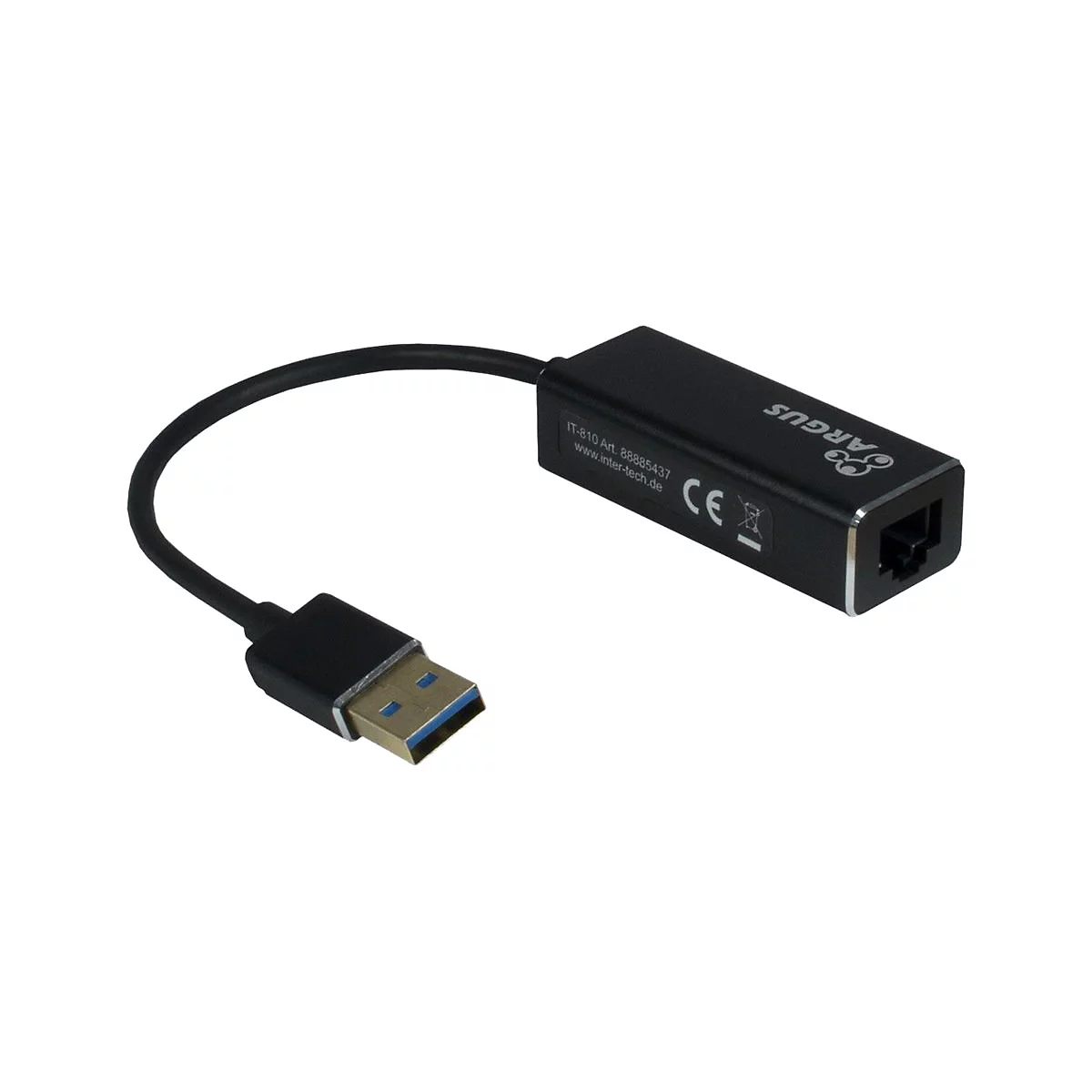 Schwarzer Argus USB 3.0 zu Gigabit-Ethernet Adapter mit kurzem Kabel vor weißem Hintergrund.