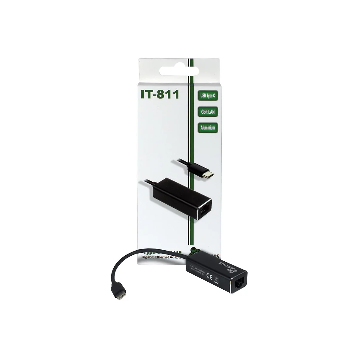 IT-811 USB Typ-C auf Gigabit LAN Adapter in schwarzem Aluminiumgehäuse vor seiner weißen Verkaufsverpackung.