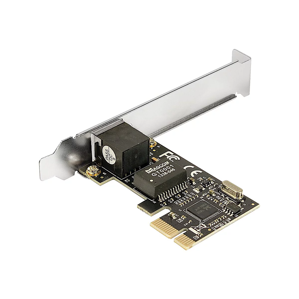 Schwarze PCI-Netzwerkkarte mit silbernem Slot-Blech und einem Magcom GT0001 Netzwerkport.