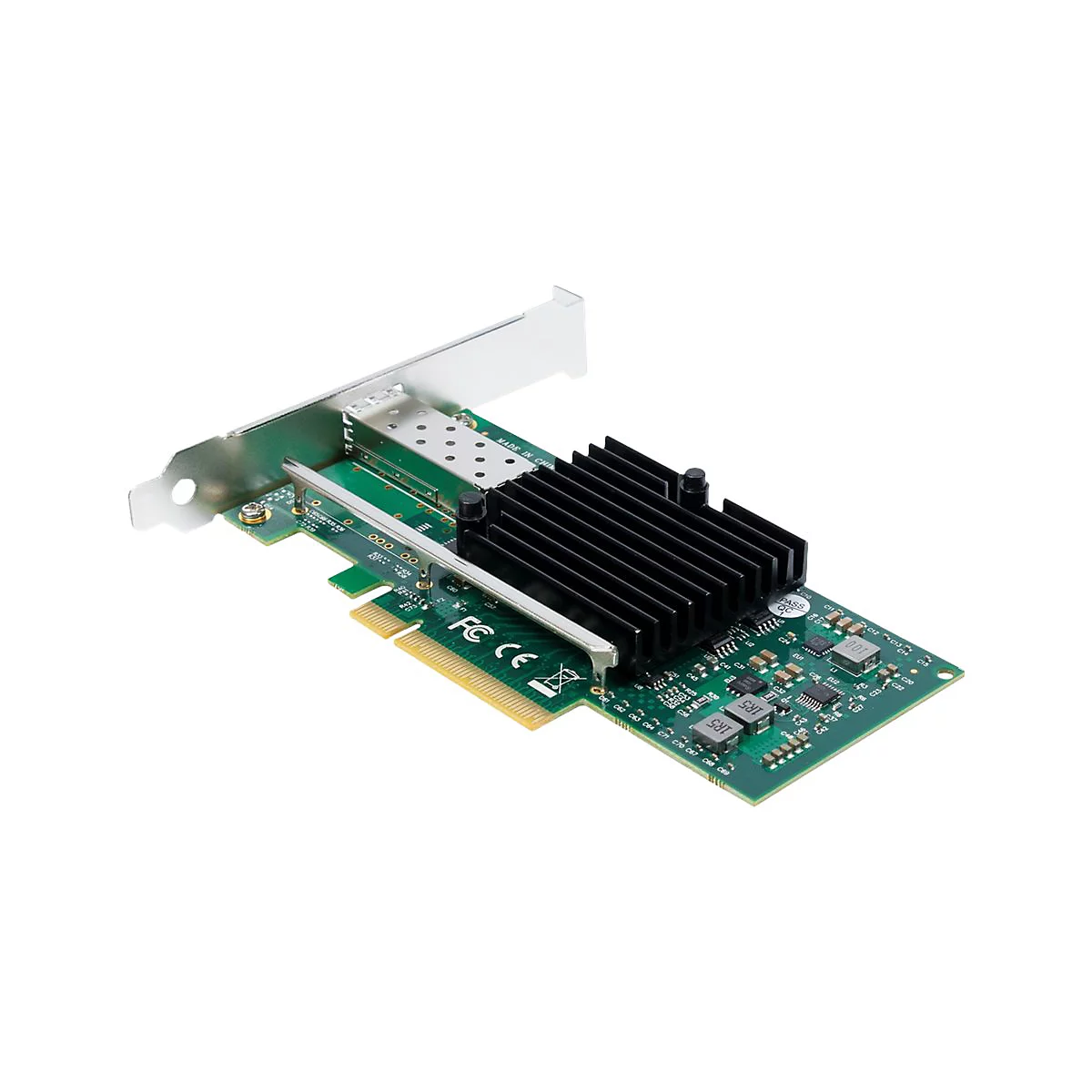 Netzwerkkarte für Computer mit grünem Board, schwarzem Kühlkörper und silberner Slotblende.