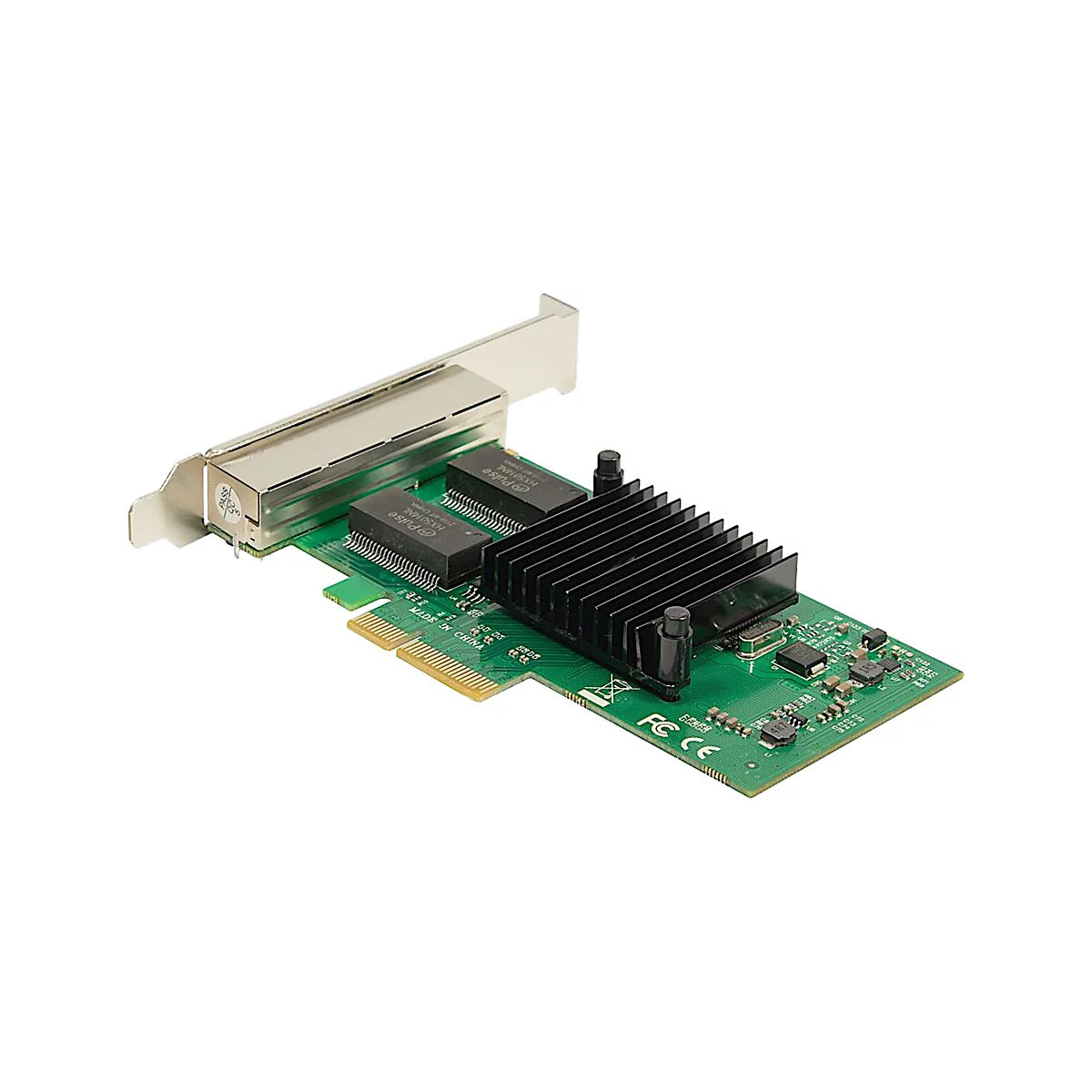 Netzwerkkarte auf grünem PCB mit Kühlkörper, Anschlüssen und silbernem Metall-Slotblech vor weißem Hintergrund.