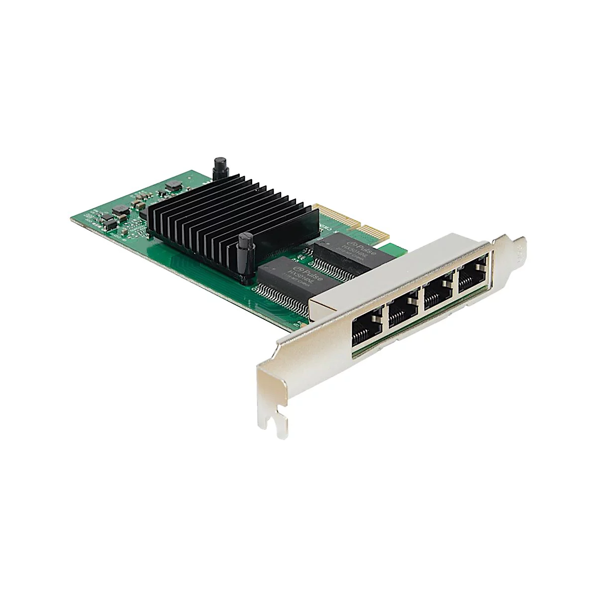 Netzwerkkarte mit grünem Board, schwarzem Kühlkörper und vier RJ45-Anschlüssen an einer Metallblende.