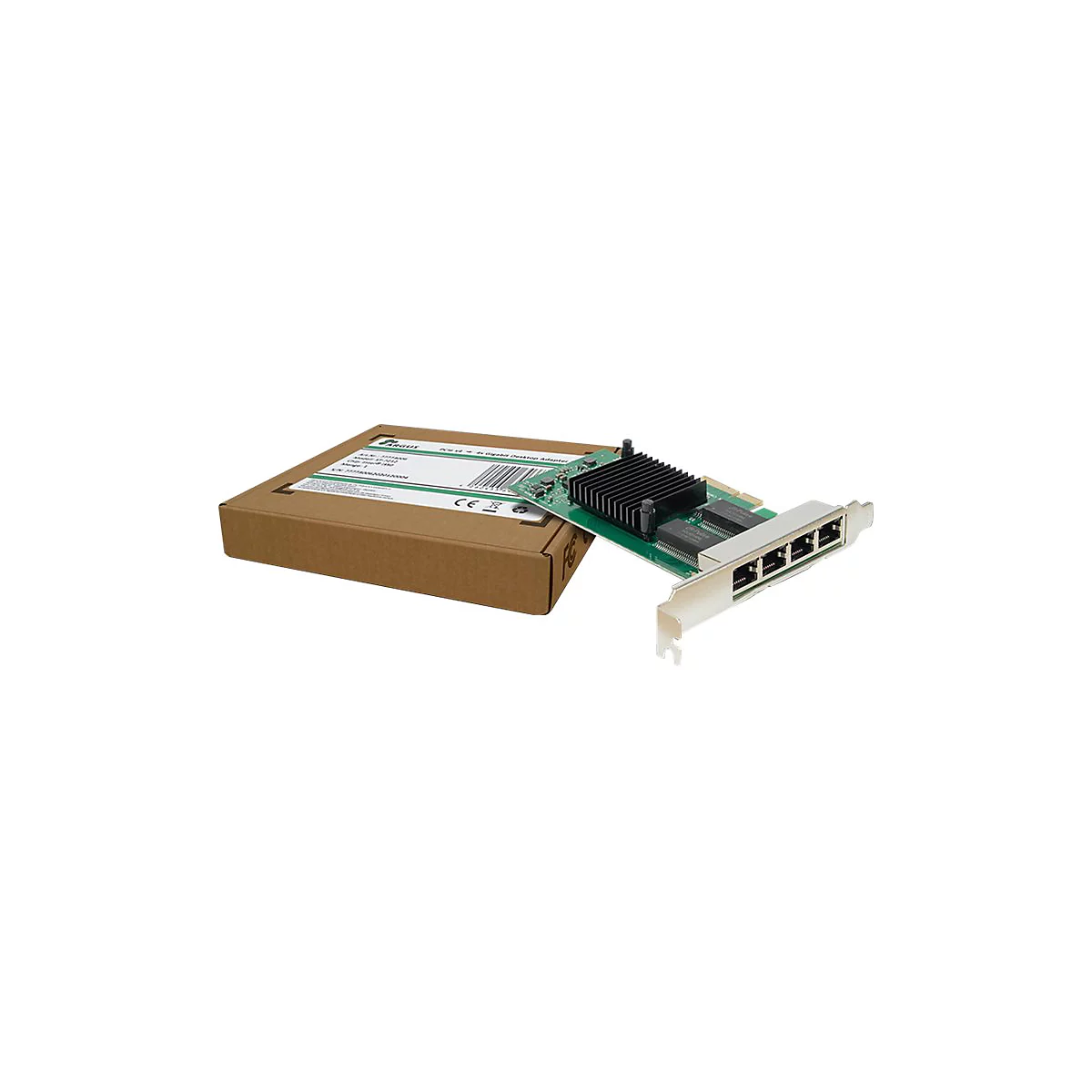 Eine Argus PCIe Gigabit-Netzwerkkarte mit vier LAN-Ports liegt vor ihrer braunen Pappverpackung.
