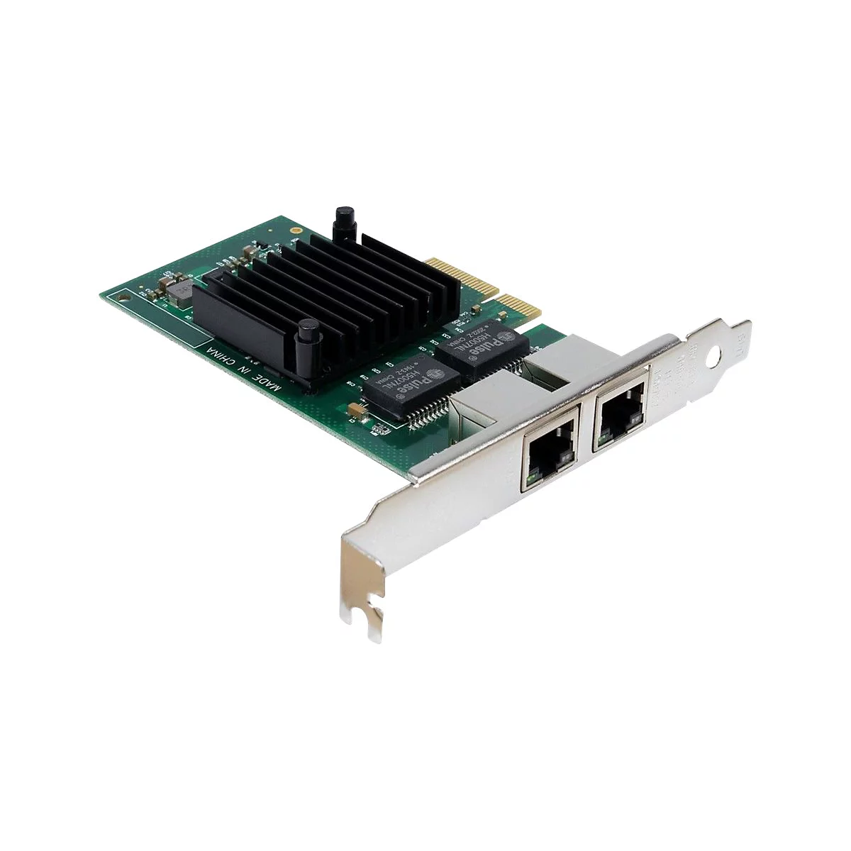 Grüne Netzwerkkarte mit zwei Ethernet-Anschlüssen, schwarzem Kühlkörper und silberner Slotblende.