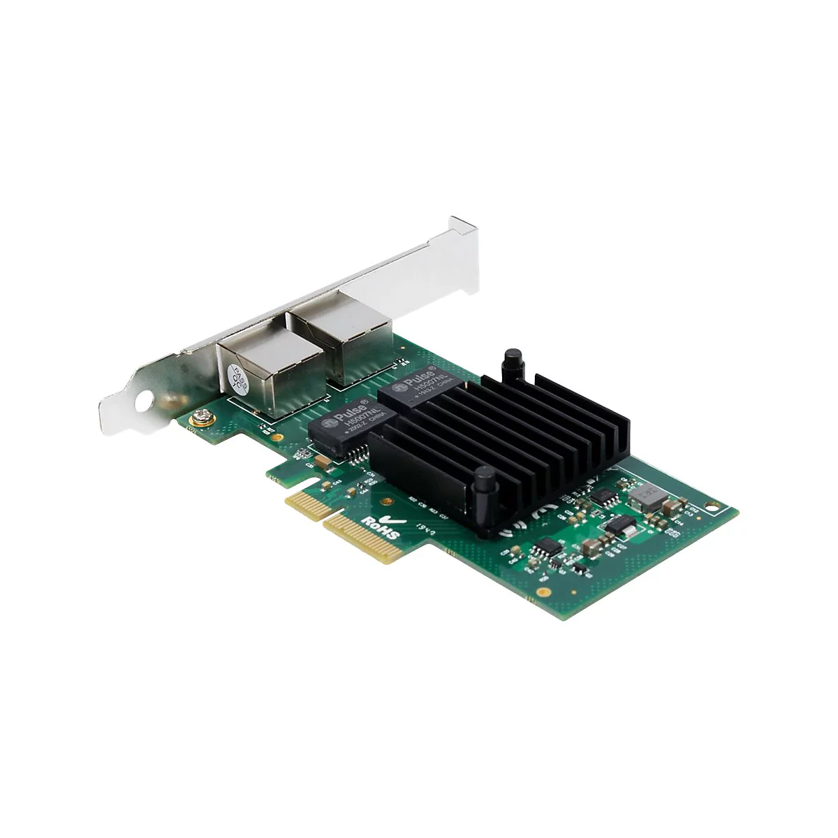 Netzwerkkarte mit zwei Ethernet-Anschlüssen, schwarzem Kühlkörper und grüner Leiterplatte auf weißem Hintergrund.