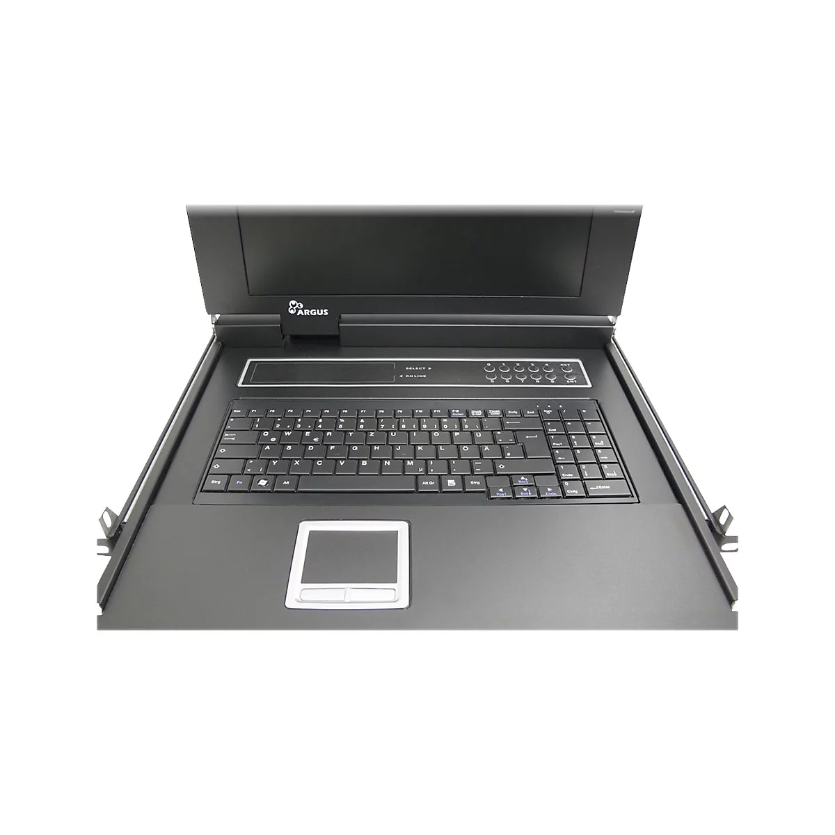 Ausgeklappte Argus-Rackkonsole mit Tastatur, Touchpad und Display vor weißem Hintergrund.