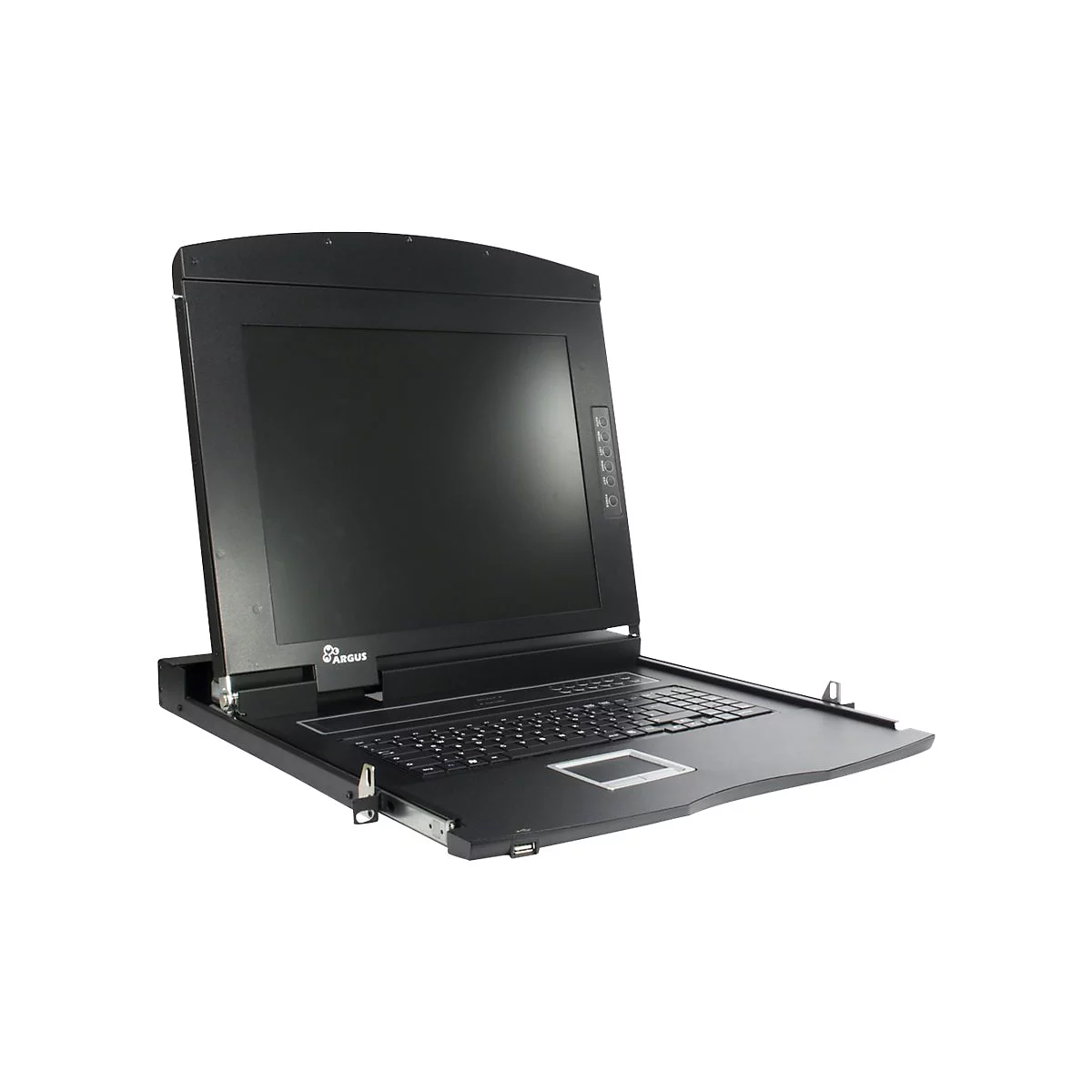 Schwarze Rack-Konsole mit ausgeklapptem Bildschirm, Tastatur und Touchpad vor weißem Hintergrund.