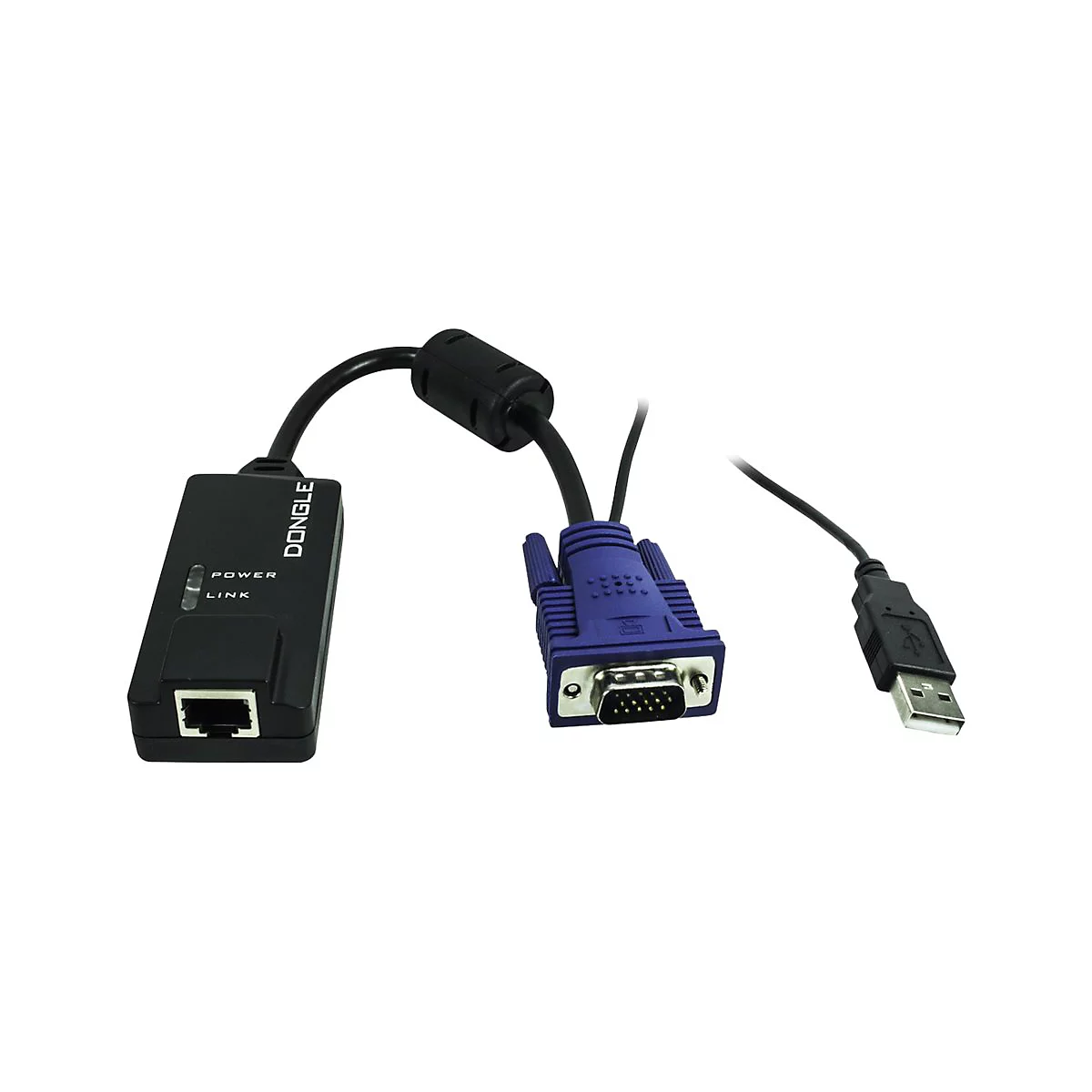 Adapter mit Ethernet-Anschluss, blauem VGA-Stecker und USB-Kabel auf weißem Hintergrund.