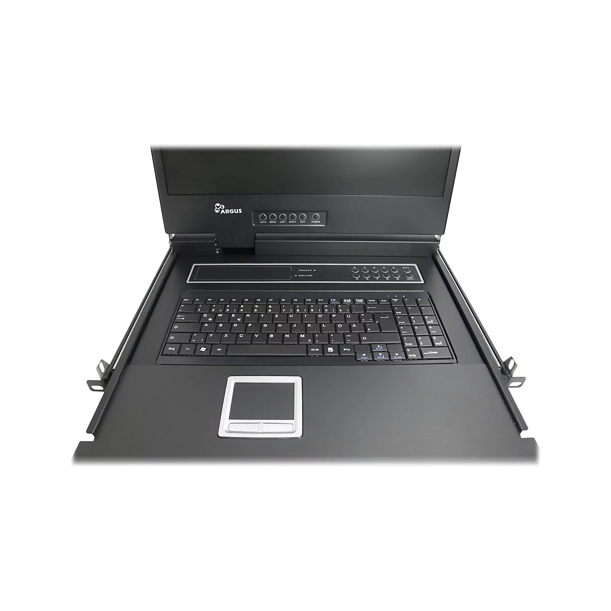 Schwarze Rack-Konsole mit Tastatur, Touchpad und hochgeklapptem Bildschirm sowie Argus-Logo.