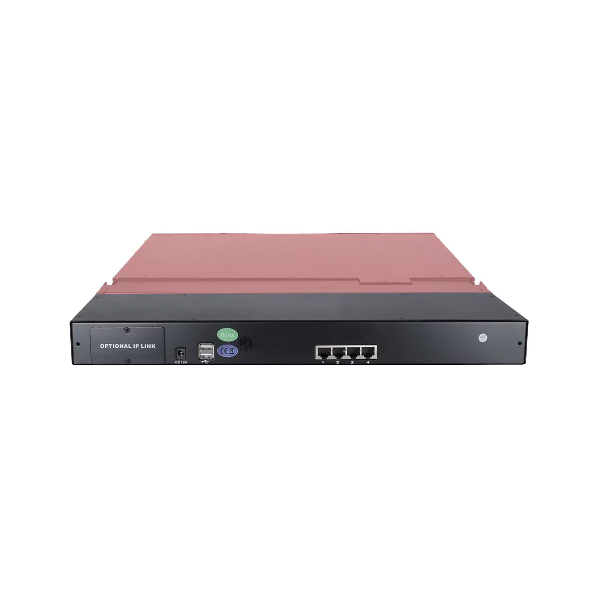 Rückseite eines schwarzen Netzwerkgeräts mit vier LAN-Ports, USB-Anschlüssen, Stromanschluss und IP-Link-Beschriftung.