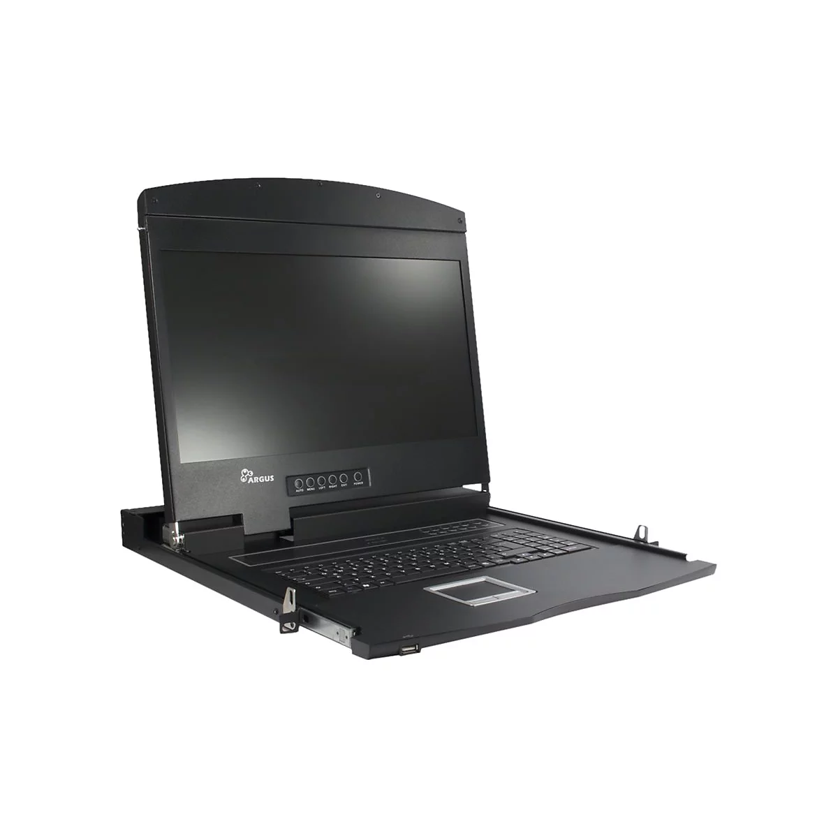 Schwarze Rackmount-Konsole mit aufgeklapptem Bildschirm, Tastatur und Touchpad vor weißem Hintergrund.