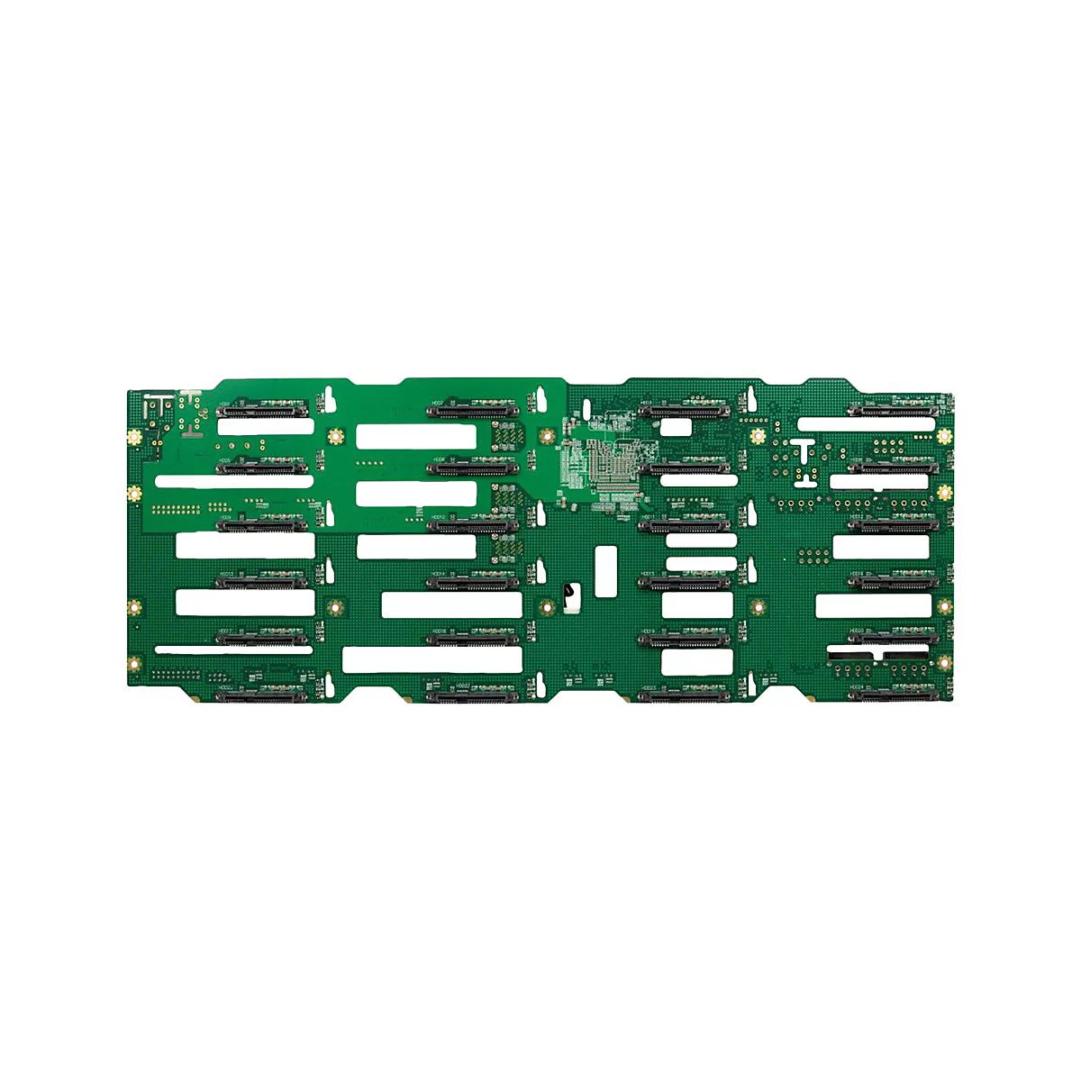 Eine grüne Server-Backplane mit zahlreichen Steckplätzen für Festplatten vor weißem Hintergrund.