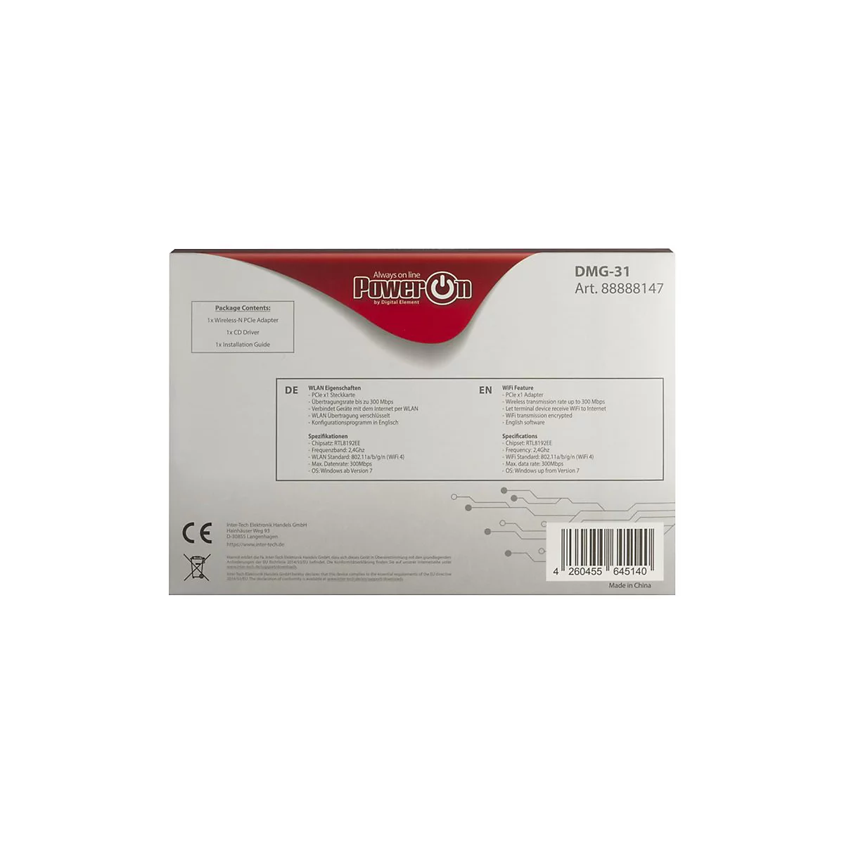 RÃ¼ckseite einer weiÃŸen Produktverpackung mit technischer Beschreibung. Oben rechts steht DMG-31. Unten rechts befindet sich ein Barcode.