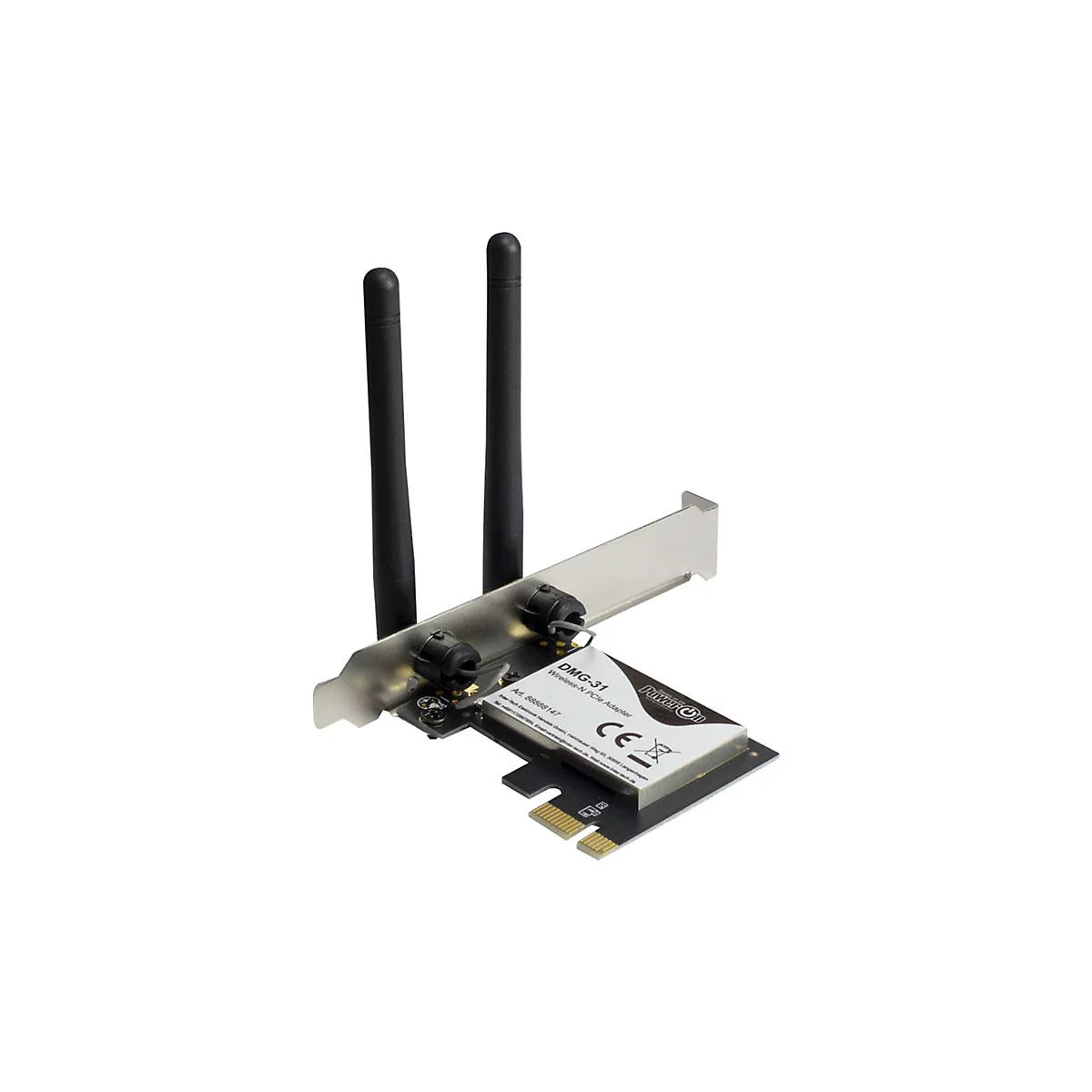 Ein schwarz-silberner WLAN-Adapter mit zwei Antennen, vor weiÃŸem Hintergrund.