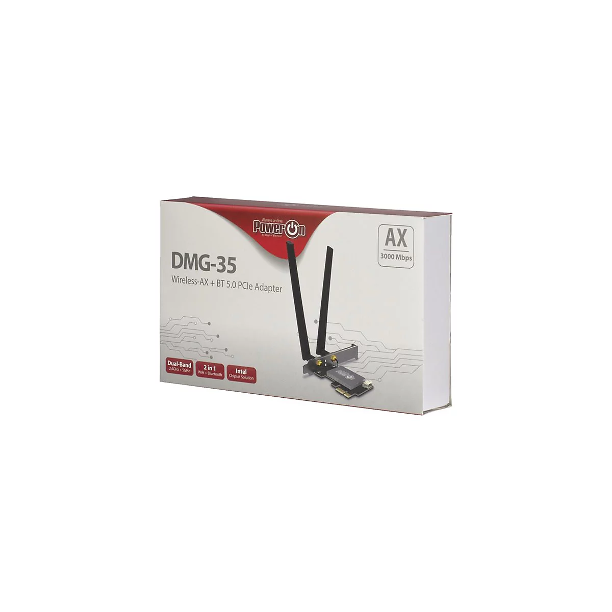 Die Verpackung eines drahtlosen Adapters mit schwarzem Antennenpaar. Aufgedruckt sind 'DMG-35', 'Wireless-AX + BT 5.0 PCIe Adapter' und 'AX 3000 Mbps'.